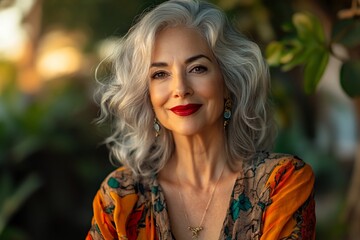 Naklejka premium Portrait of a senior woman with wavy silver hair