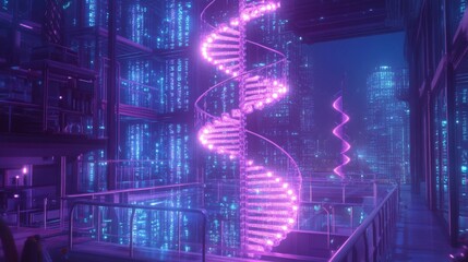 Cyberpunk Cityscape with Glowing Spiral Staircase at Night