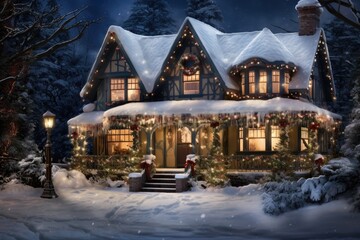 A charming Victorian house with a snow-covered roof and twinkling lights is illuminated in a snowy...