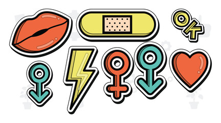 Groovy doodle set with hearts in Y2k aesthetic with lettering, geometry, animal print, butterfly, fire. Retro love symbol from 90s and 00s. Hand drawn outline heart with pattern.