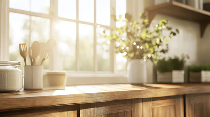 Fototapeta premium rustic farmhouse kitchen with reclaimed wood, sunlight streaming through windows, and cozy atmosphere. scene features kitchen utensils, plants, and warm, inviting feel