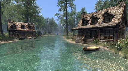 Wooden Cabins Beside a Tranquil River in a Forest Setting