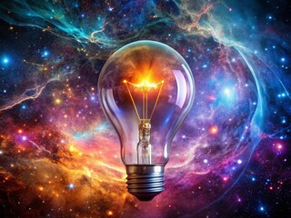 Glowing Lightbulb in Cosmic Nebula: Macro Photography of Creativity and Inspiration