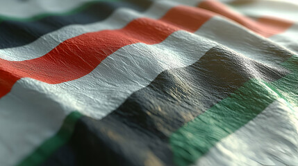 Sudanese flag waving, textured, sunlight, background blur, patriotic