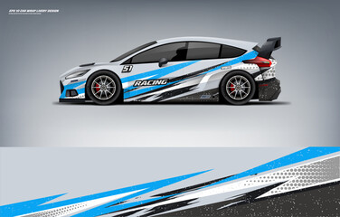 Sporty Car branding mockup with racing wrap decal or livery design, Hatchback wrap white and blue livery design