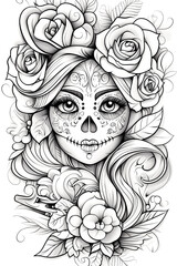 A woman with a skeleton on her face and roses around her head