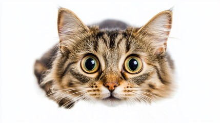 Curious cat peering, wide eyes, white background, pet portrait