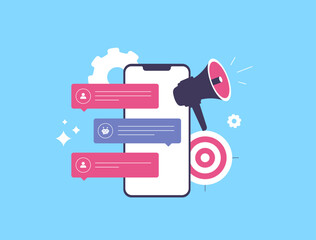 Conversational Marketing with AI Chatbots. Create engaging, personalized conversations with customers using AI chatbots. Chatbot interacting with users via messaging apps vector illustration