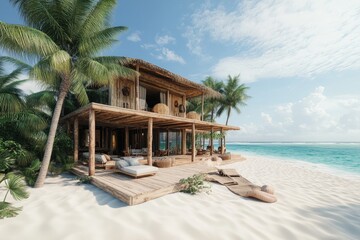 Modern wooden beach house with infinity pool overlooking tropical ocean in sunny paradise