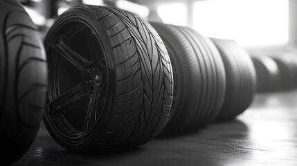 Group of new tires displayed at a tire store for sale. 