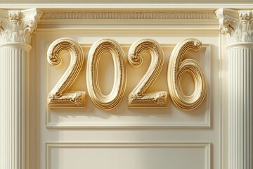 Golden 2026 sign hanging on a classic wall with columns
