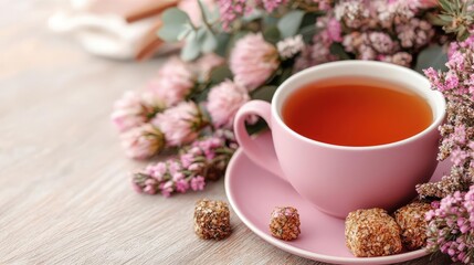 Fototapeta premium Pink teacup, floral bouquet, sugar cubes, wooden table, relaxing morning