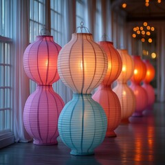 Fototapeta premium Illuminated paper lanterns line a hallway.