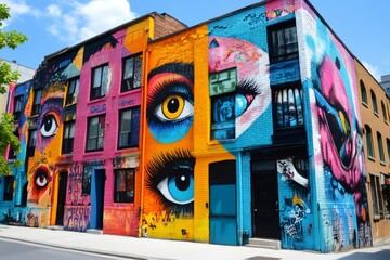 Naklejka premium Colorful mural painting eyes on building facade in kensington market, toronto