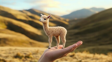 Fototapeta premium Miniature Alpaca on a Hand Against Breathtaking Mountain Scenery