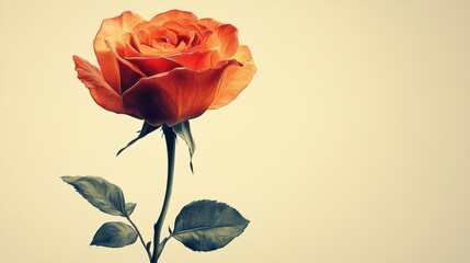 Obraz premium Vibrant Orange Rose Flower with Green Leaves on Simple Background