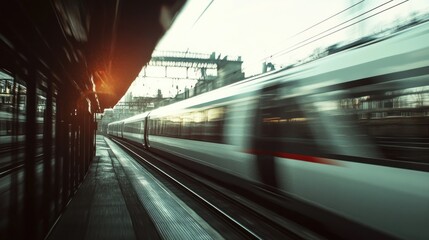 Fototapeta premium High-speed train speeding through modern railway station platform at sunset.