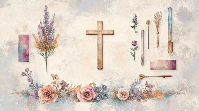 Cute Watercolor Baptism Invitation Templates with Vintage Rose Lace Frame, Holy Cross, and Princess Theme - Powered by Adobe