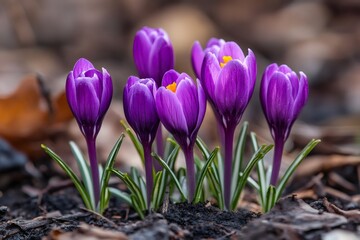 Naklejka premium Purple crocus flowers blooming in spring garden