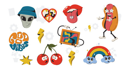 Vector set of fashionable patches elements like heart, flower, drop, cloud, leaf, star, sun. Vector hand drawn cute and funny stickers kit. Modern doodle pop art sketch badges and pins