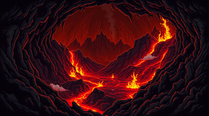 Pixel art volcanic cavern with molten lava flows, jagged rocks, and glowing red cracks in the ground, with fiery embers floating through the air, ideal for a challenging retro game level.