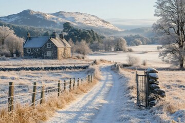Snowy road leading to stone cottage in scottish highlands winter landscape