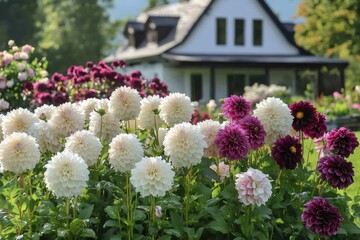 Obraz premium Beautiful dahlia flowers blooming in a garden in front of a white house