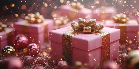 Festive Pink Presents with Golden Accents