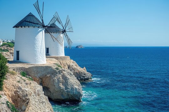 Traditional white windmills overlooking the aegean sea in leros island, greece