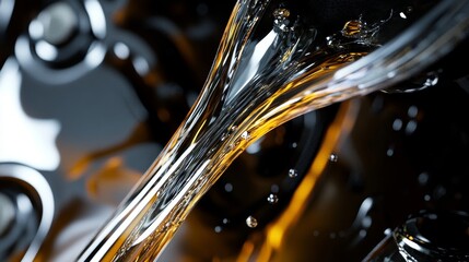 Motorcycle oil flowing from a bottle in a close-up design.