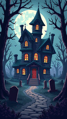Pixel art haunted mansion with crooked towers, flickering windows, and a spooky graveyard surrounded by fog, set under a full moon in a dark forest, perfect for a retro-style horror game