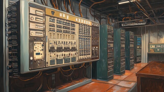 creative depiction of the first computer, the ENIAC, with labeled switches and early programming tools
