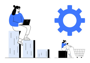 Person sitting on bar graph with laptop, person with phone in shopping cart beneath large gear wheel. Ideal for business growth, tech innovation, online shopping, data analysis, progress, marketing
