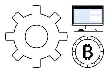 Gear symbol, computer monitor displaying interface, Bitcoin coin representing cryptocurrency, automation, technology, digital currency, financial systems, software development, blockchain, modern