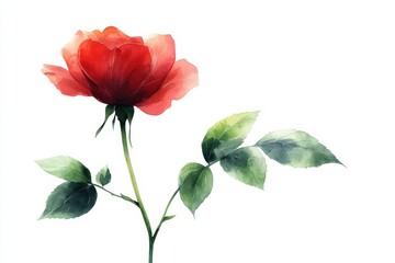 Obraz premium Vibrant Red Rose with Green Leaves on a Soft White Background