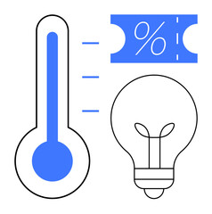 Thermometer, light bulb, and discount coupon with percentage. Ideal for energy saving, cost reduction, eco-friendliness, sustainability, incentives, efficiency improvement and smart utility