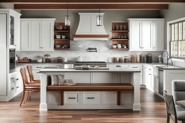 Fototapeta premium Elegant White Kitchen Island with Built In Bench Seating