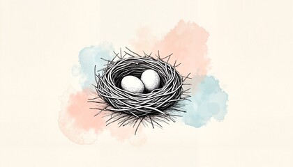A Hand-Drawn Illustration of a Bird Nest with Two Soft White Eggs on Pastel Background Colors