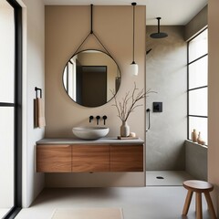 "Modern minimalist bathroom interior with a warm, neutral color palette, featuring a round mirror above a floating wooden vanity with a stone vessel sink. The space includes a walk-in shower with a co