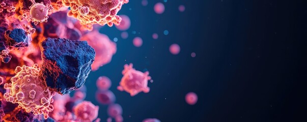 Obraz premium Dust pollution concept. Colorful microscopic view of cells and particles in a digital environment.