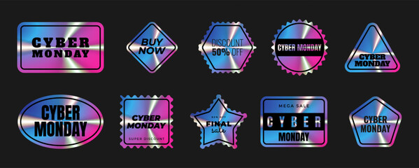 Set of holographic stickers. Cyber monday. Hologram labels different geometric shapes iridescent foil,adhesive film. Colored blank rainbow shiny emblems,tags. Neon vector illustration