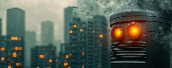 Obraz premium Dust pollution idea. A futuristic robot with glowing eyes amidst a smoky urban landscape.