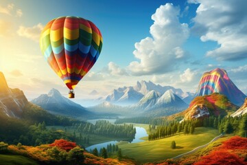 Fototapeta premium A vibrant hot air balloon floats effortlessly through the sky, overlooking a picturesque valley with snow-capped mountains and a winding river