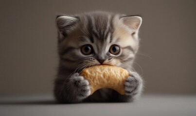 Cute kitten eating treat, studio shot