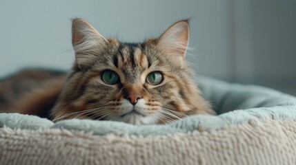 Fluffy cat resting in a cozy bed with striking green eyes.