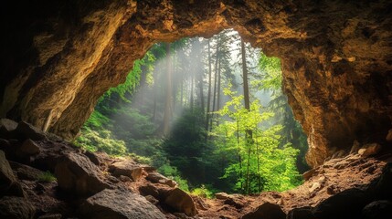 deep cave entrance surrounded by dense forest, with the dark interior