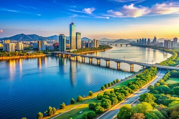 Obraz premium Hangang River Seoul South Korea Clear Sky Panoramic Landscape Stock Photo