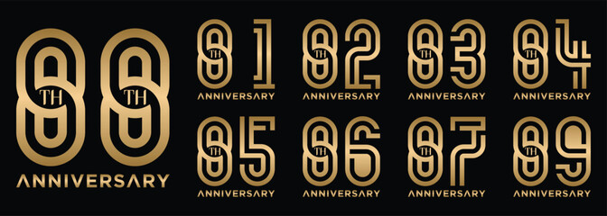 anniversary collection 81 to 89 years gold color, creative number design vector illustration. for birthday, greeting, special moment