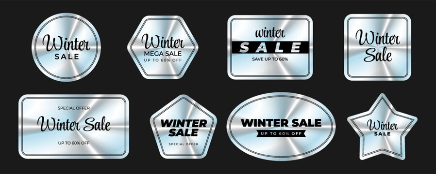 Set of holographic stickers. Winter sale. Hologram labels of different geometric shapes iridescent foil, adhesive film. Colored rainbow shiny emblems, tags. Isolated Neon vector illustration