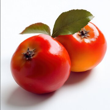 Vibrantly Ripe Fruit Adorned with a Fresh Leaf Against a Spotless White Background